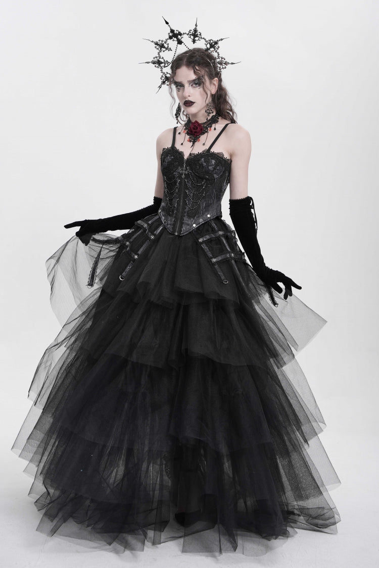 Black Sleeveless Embroidery Lace Chain Women's Gothic Vest