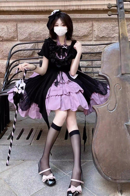 Black/Purple [Phantom Thief Ace of Spades] Short Sleeves Ruffle Bowknot Gothic Lolita Dress Set
