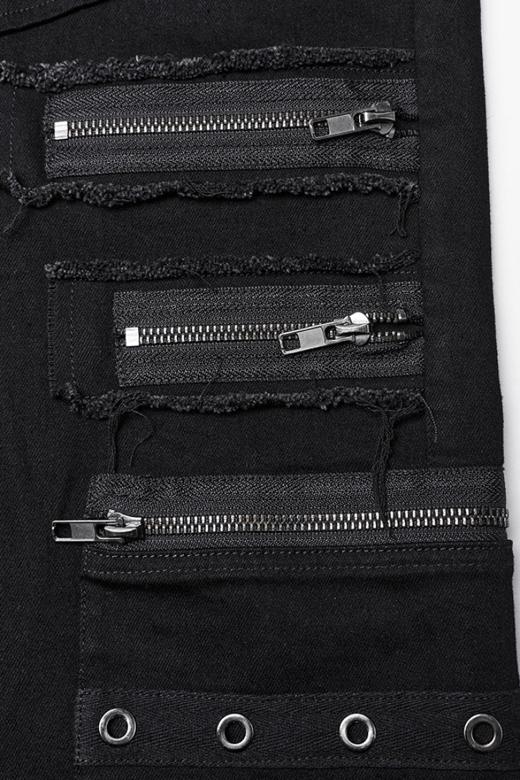 Black Women's Punk Cross Patch Big-pocket Denim Pants
