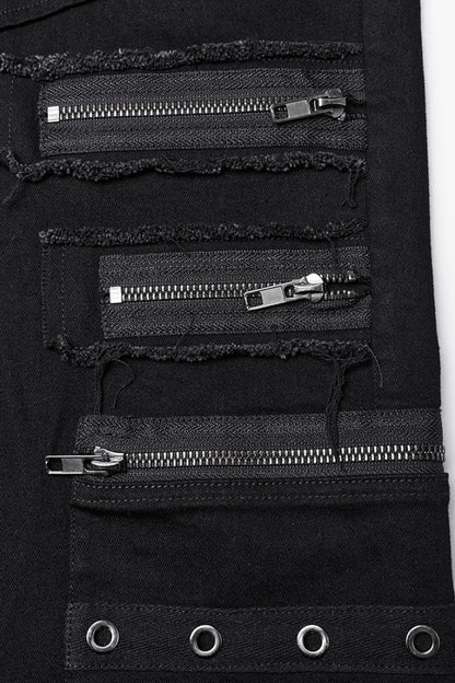 Black Women's Punk Cross Patch Big-pocket Denim Pants