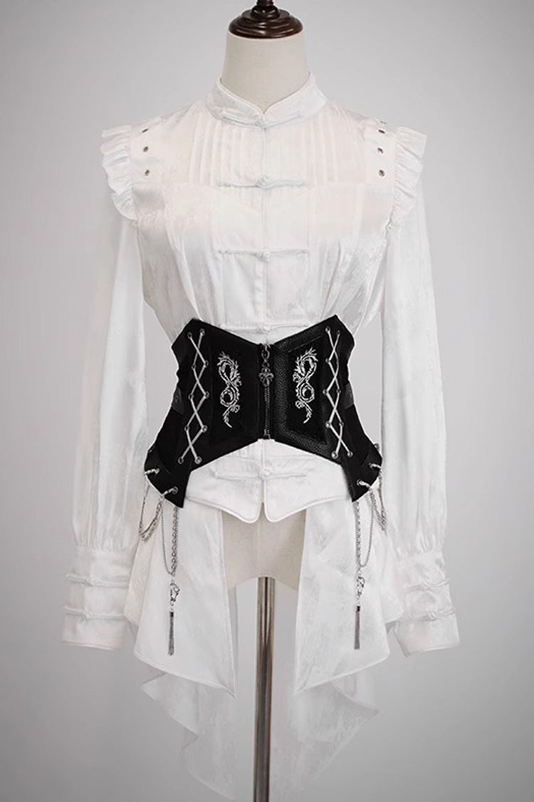 Classic Ouji Shirt - Bone Dragon, 3 Colors, Stand Collar, Ruffled, Embroidered - XS White / S White / M White option