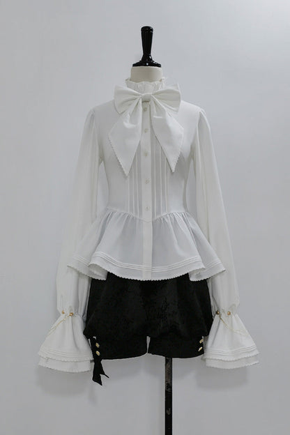 Classic Ouji Shirt - Hunting Rabbits, White, Bow Detail, Long Sleeves, Gothic Style - additional product view 3