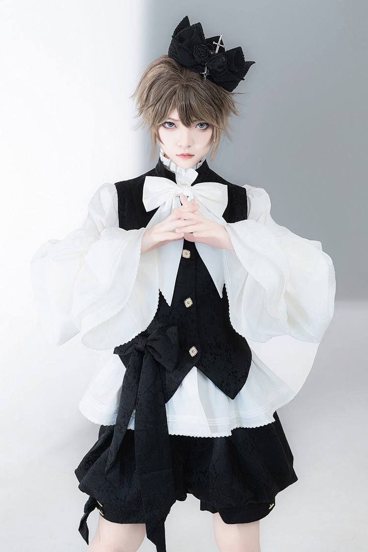 Classic Ouji Shirt - Hunting Rabbits, White, Bow Detail, Long Sleeves, Gothic Style - additional product view 4