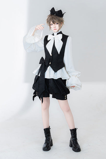 Classic Ouji Shirt - Hunting Rabbits, White, Bow Detail, Long Sleeves, Gothic Style - additional product view 5