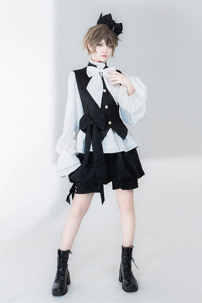 Classic Ouji Shirt - Hunting Rabbits, White, Bow Detail, Long Sleeves, Gothic Style - additional product view 6