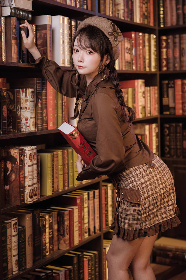 Classic Ouji Shirt - Lapel Collar Bowknot Vintage, Brown, Long Sleeves, Bow Detail - additional product view 2