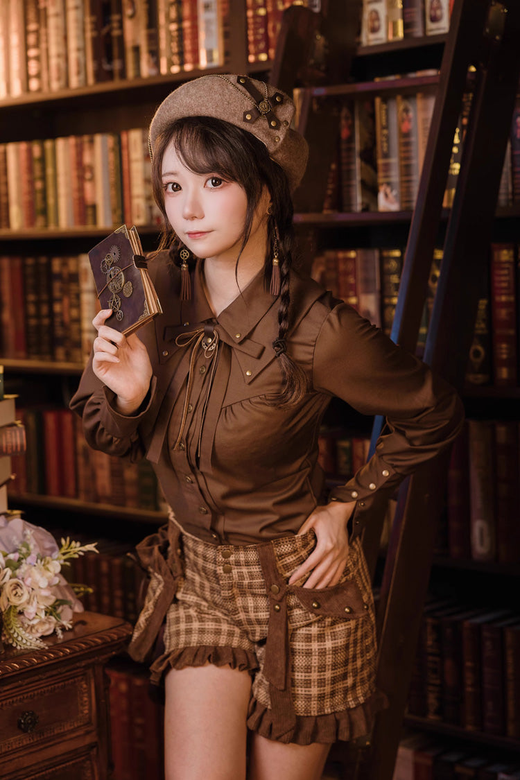 Classic Ouji Shirt - Lapel Collar Bowknot Vintage, Brown, Long Sleeves, Bow Detail - additional product view 3