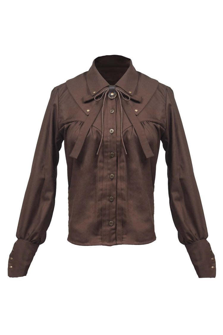 Classic Ouji Shirt - Lapel Collar Bowknot Vintage, Brown, Long Sleeves, Bow Detail - additional product view 4