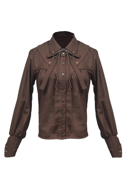 Classic Ouji Shirt - Lapel Collar Bowknot Vintage, Brown, Long Sleeves, Bow Detail - additional product view 4