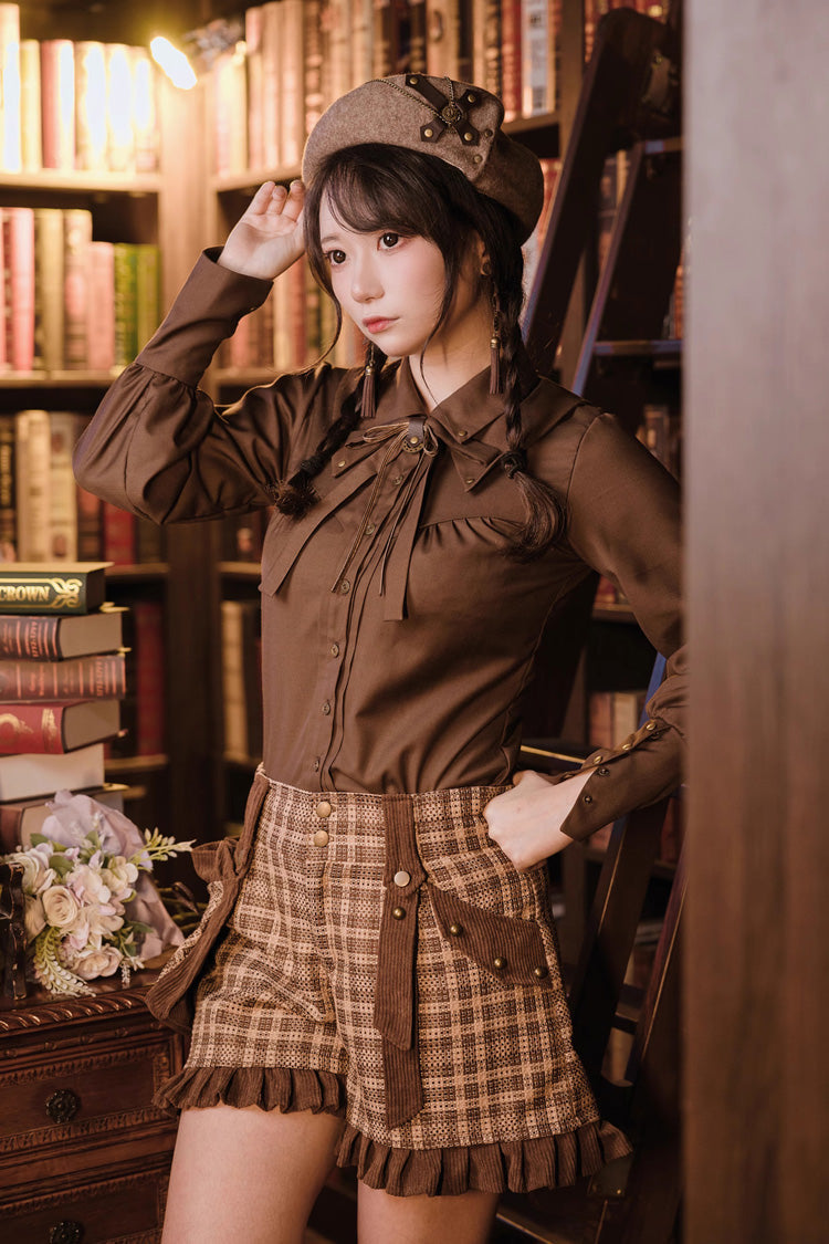 Classic Ouji Shirt - Lapel Collar Bowknot Vintage, Brown, Long Sleeves, Bow Detail - main product image