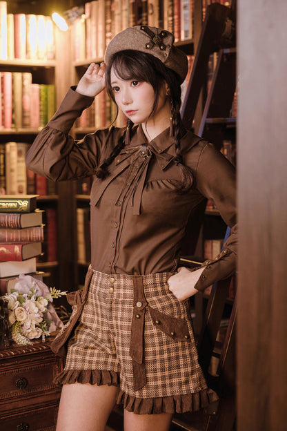 Classic Ouji Shirt - Lapel Collar Bowknot Vintage, Brown, Long Sleeves, Bow Detail - main product image