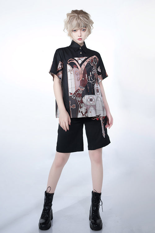 Classic Ouji Shirt - Lapel Collar Night Command Print, Black, Printed - additional product view 4