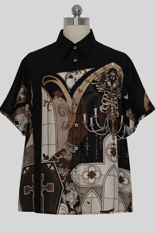 Classic Ouji Shirt - Lapel Collar Night Command Print, Black, Printed - main product image