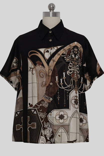 Classic Ouji Shirt - Lapel Collar Night Command Print, Black, Printed - main product image