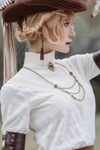 Classic Ouji Shirt - Victorian Style Stand Collar, White, Stand Collar, Embroidered - additional product view 2