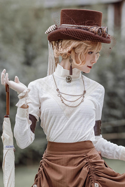 Classic Ouji Shirt - Victorian Style Stand Collar, White, Stand Collar, Embroidered - main product image
