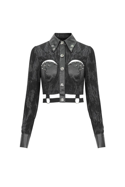 Black Turn Down Collar Cutout Long Sleeves Studded Women's Punk Shirt