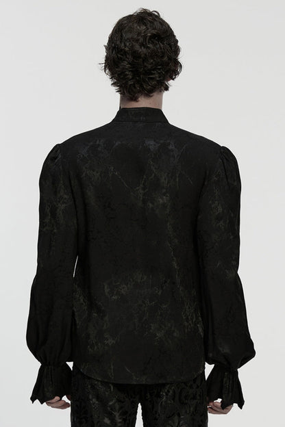 Black Stand Collar Long Puff Sleeves Print Asymmetric Men's Gothic Blouse