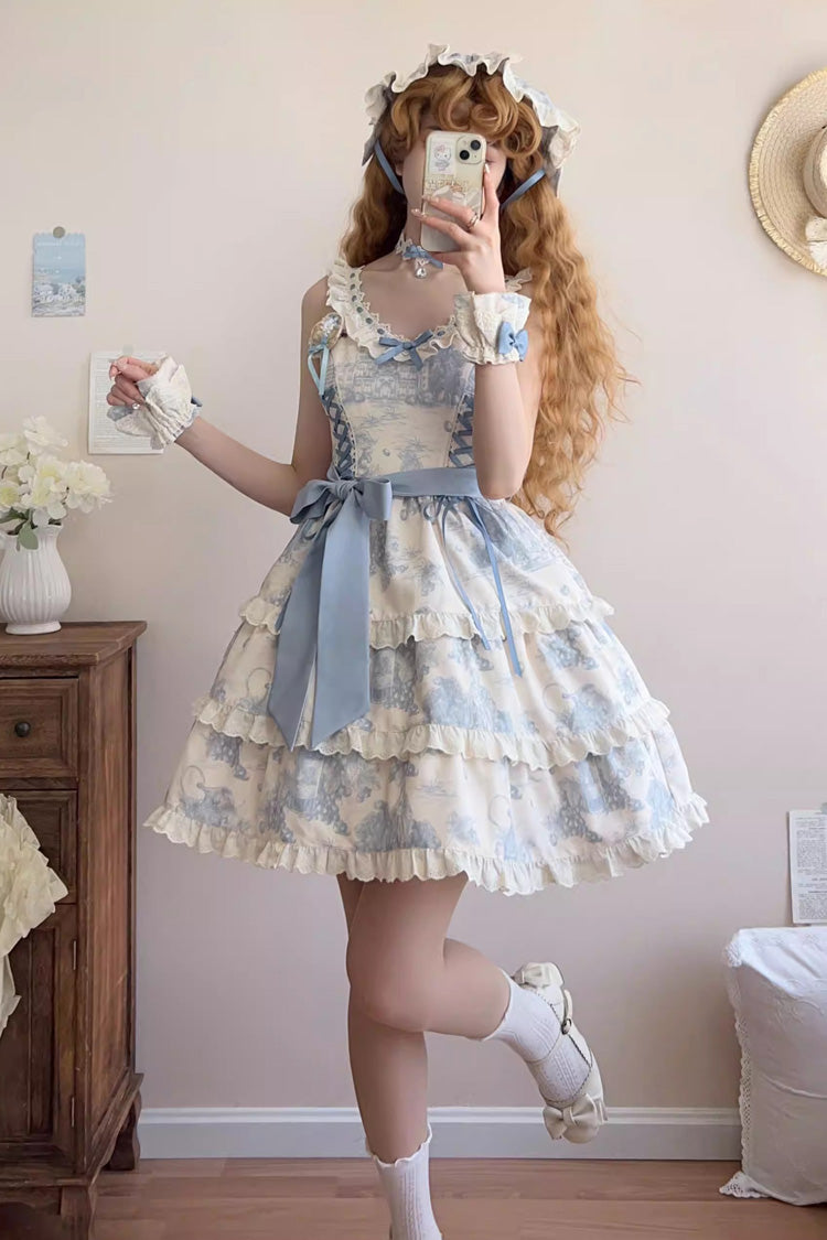 Blue [Grape Moon Almanac] Sleeveless Multi-Layered Printed Ruffled Bow Adjustable-Length Sweet Lolita Jsk Dress
