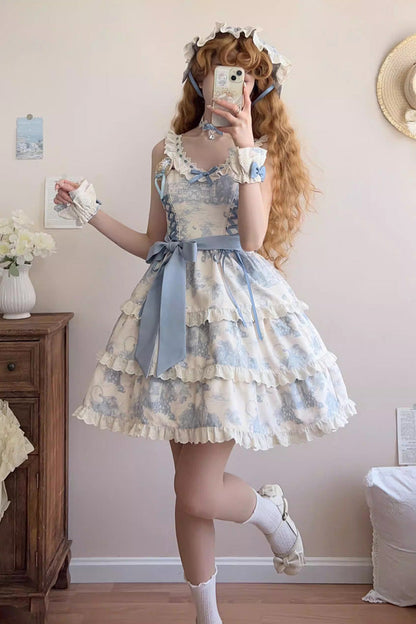 Blue [Grape Moon Almanac] Sleeveless Multi-Layered Printed Ruffled Bow Adjustable-Length Sweet Lolita Jsk Dress