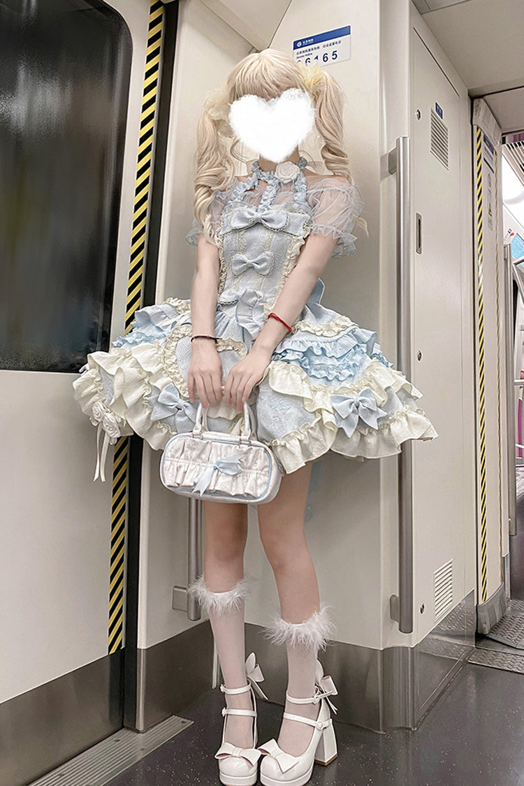 Blue [Heart of Butterfly] Halterneck Sleeveless Multi-Layered Ruffle Embroidery Princess Ballet Lolita Jsk Dress Set