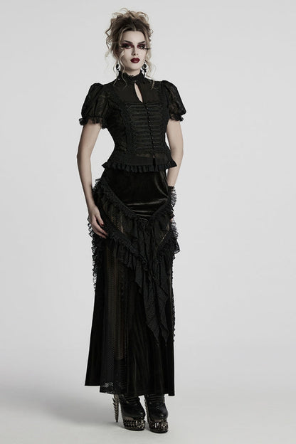 Black Stand Collar Long Puff Sleeves Jacquard Lace Women's Gothic Blouse