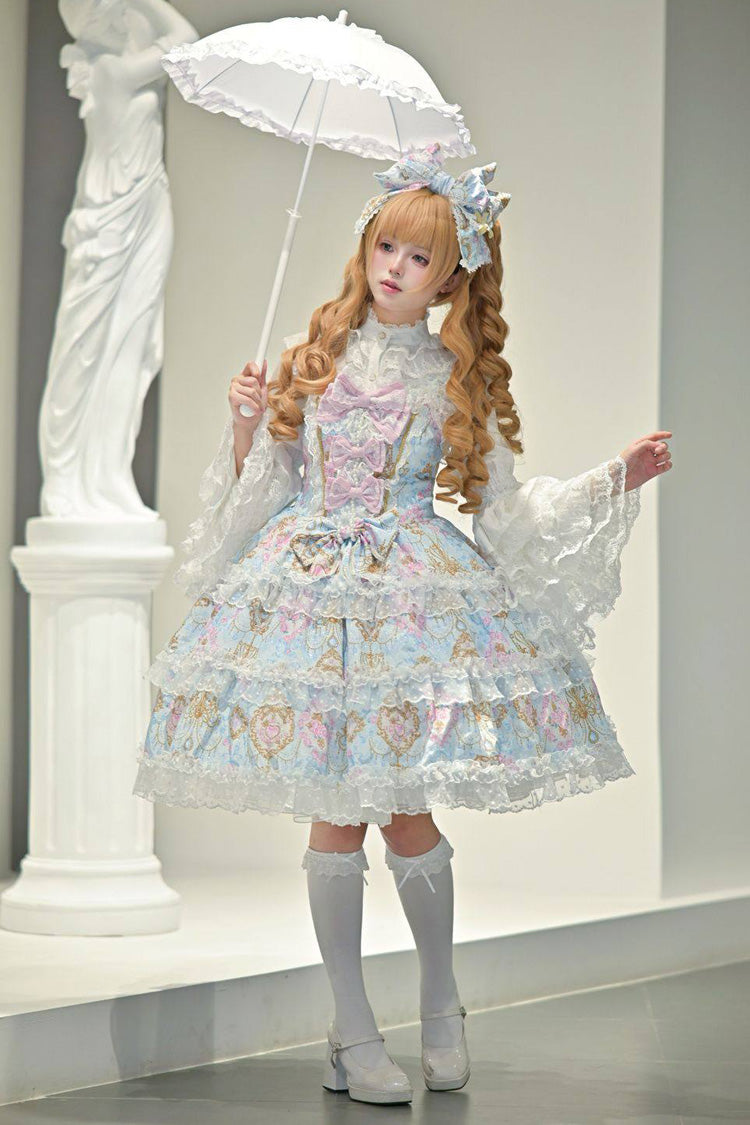 Blue [Candelabrum Elegy] Sleeveless Triple-Layered Flower Wall Printed Ruffled Bow Lace Sweet Lolita Jsk Dress