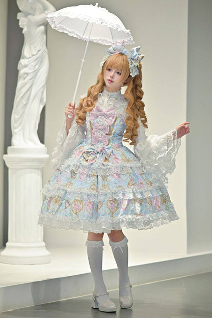 Blue [Candelabrum Elegy] Sleeveless Triple-Layered Flower Wall Printed Ruffled Bow Lace Sweet Lolita Jsk Dress