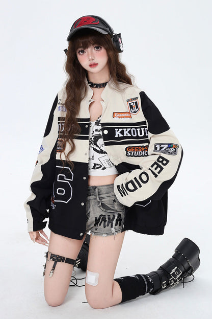 [Biker Girl] Long Sleeves Print Embroidery Zipper Detachable Jirai Kei Coat 3 Colors
