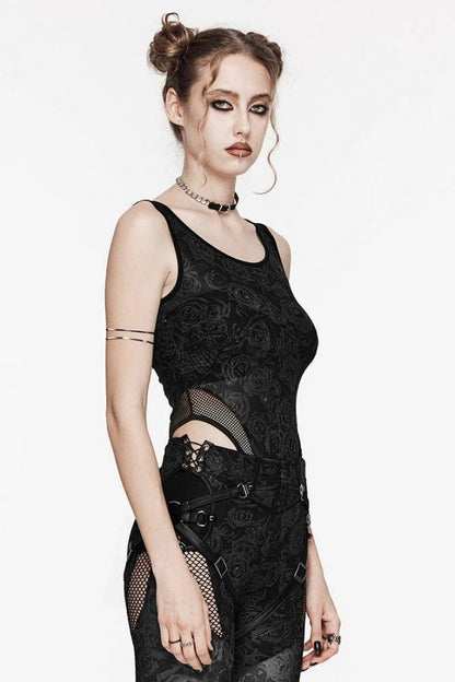 Sleeveless Print Hollow Lace Mesh Sheer Womens Steampunk Bodysuit 3 Colors