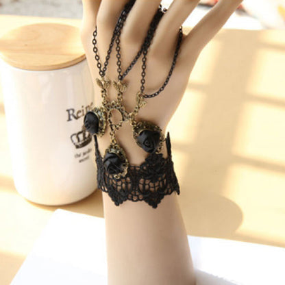Black Retro Fashion Rose Flower Lace Tassel Female Gothic Lolita Ring Bracelet