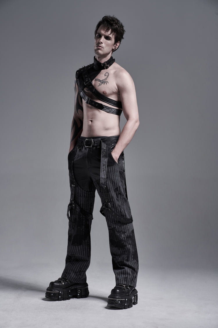 Black Stand Collar Sleeveless Irregular Asymmetric Studded Chain-Decorated Men's Gothic Handsome Cool Shoulder Harnesses