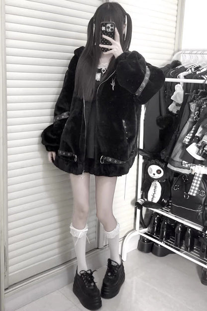 [Night Hunter] Cat Ear Long Sleeves Hooded Zippered Jirai Kei Coat 2 Colors