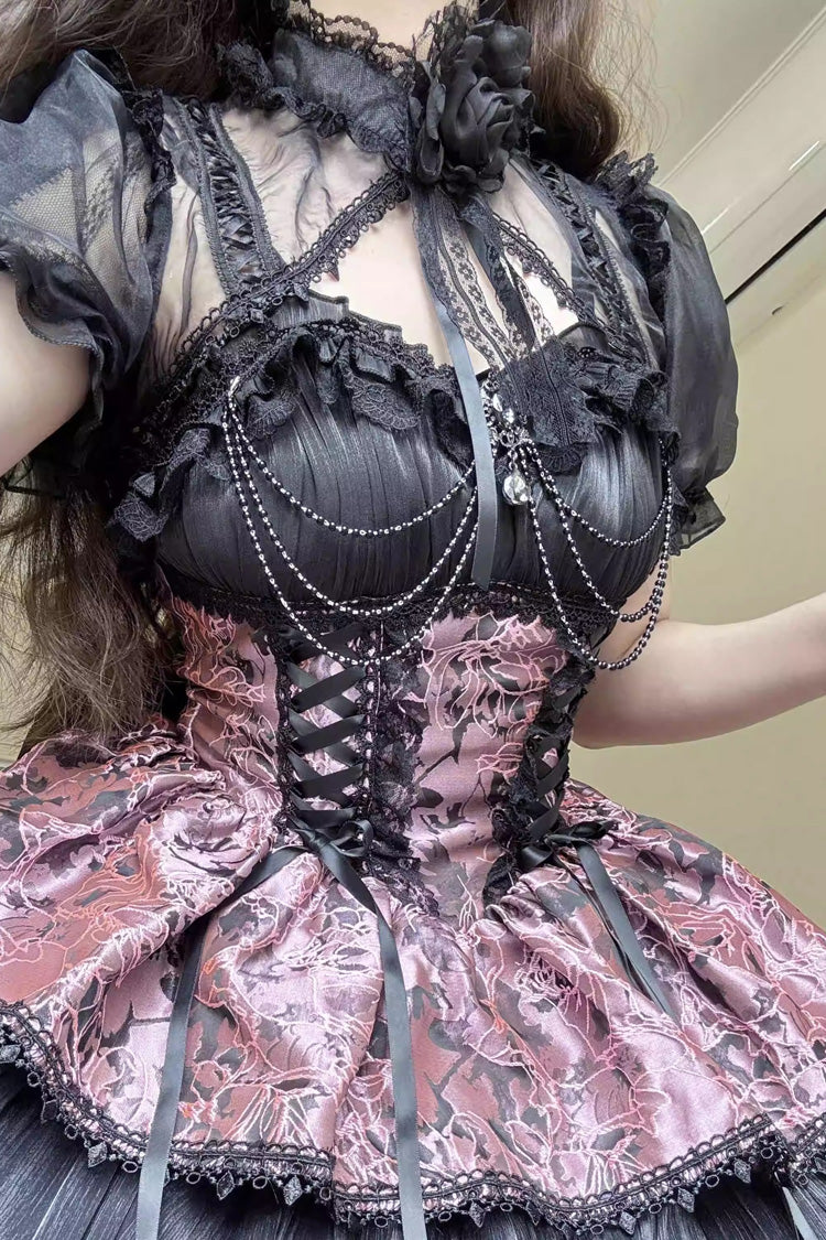 Black/Pink Ancient Dream of the Dark Night Print Ruffle Gothic Lolita Jsk Dress
