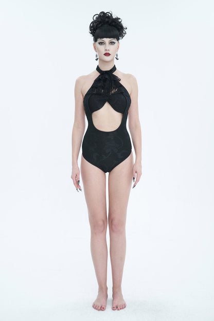 Black Stretch Textured Print Butterfly Halterneck Lace Women's Gothic One Piece Swimsuit