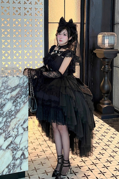 Black [Jewelry Love Story] Halterneck Ruffle Hanayome Bowknot Lace Gothic Lolita Dress
