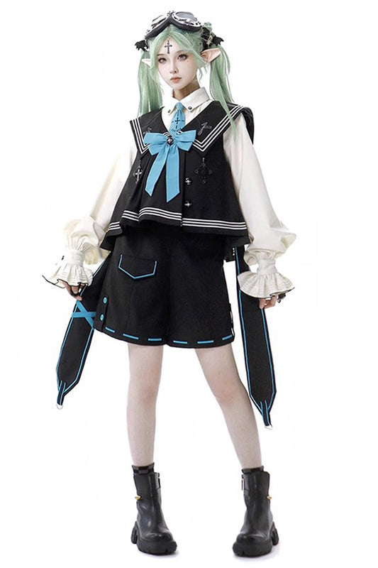 Dark Blue [Magician] Long Sleeves Ouji Prince Mechanical Style Lolita Shorts Vest Set