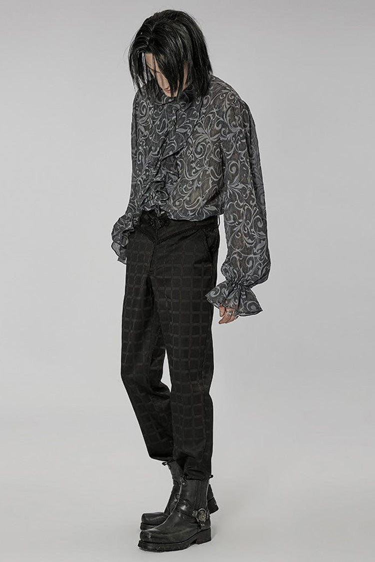 Gray Punk Chiffon Ruffle Stand Collar Wide Brimmed Lantern Sleeves Retro Relief Sculpture Embossing Men's Shirt