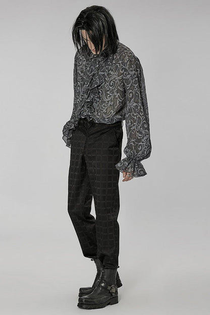 Gray Punk Chiffon Ruffle Stand Collar Wide Brimmed Lantern Sleeves Retro Relief Sculpture Embossing Men's Shirt