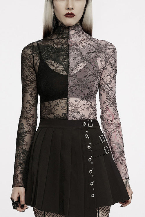 Pink/Black Gothic Lace Stitching Simple Sexy Style Thin See Through Horn Long Sleeved Women's T-Shirt