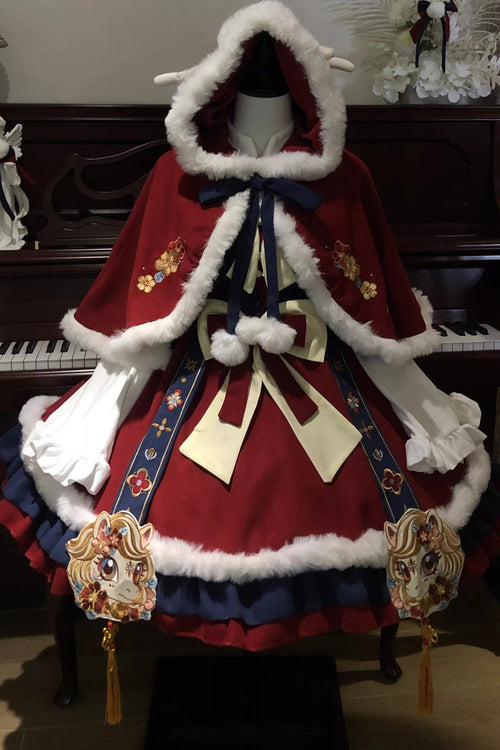 Red/Blue [Year of the Horse] Ruffled Embroidered Bow Sweet Chinese Style Lolita Jsk Dress Set