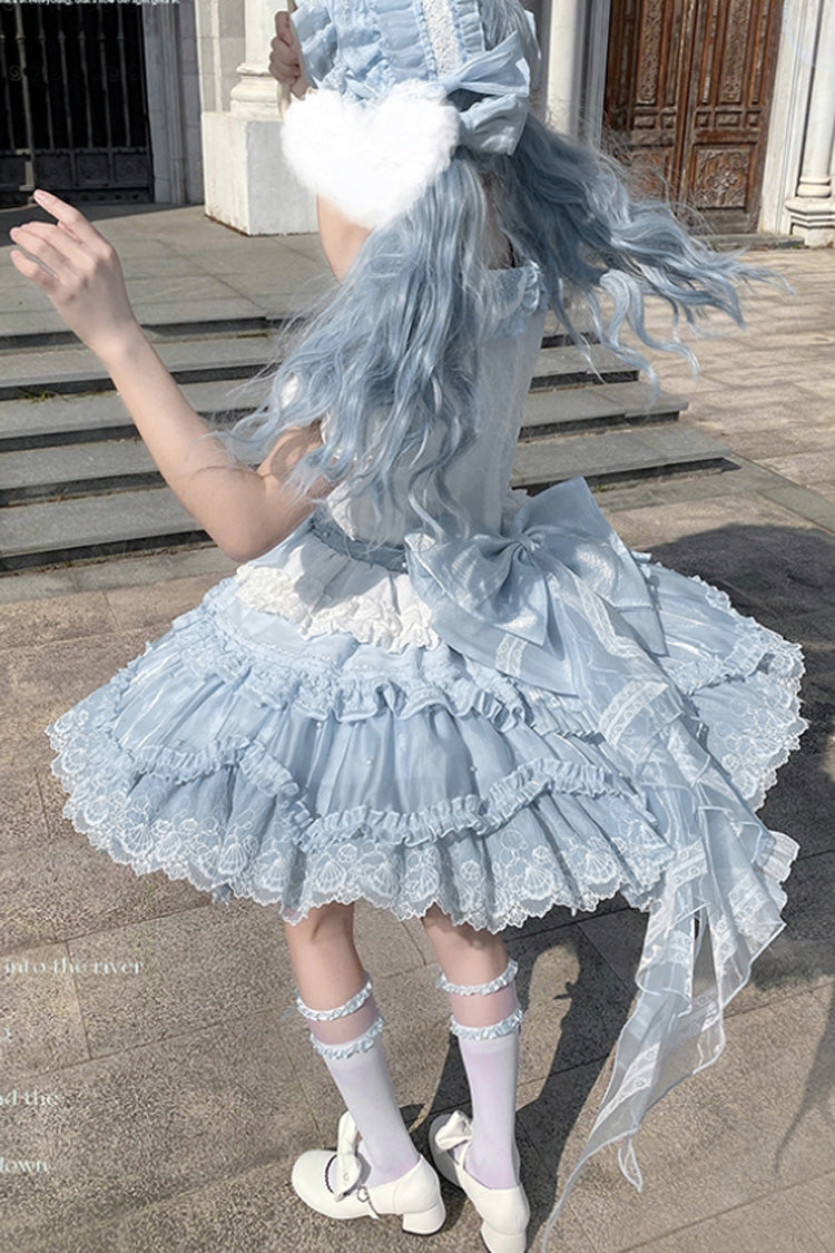 Blue [Whale] Lapel Collar Short Sleeves Triple-Layered Ruffle Embroidery Sweet Lolita Dress