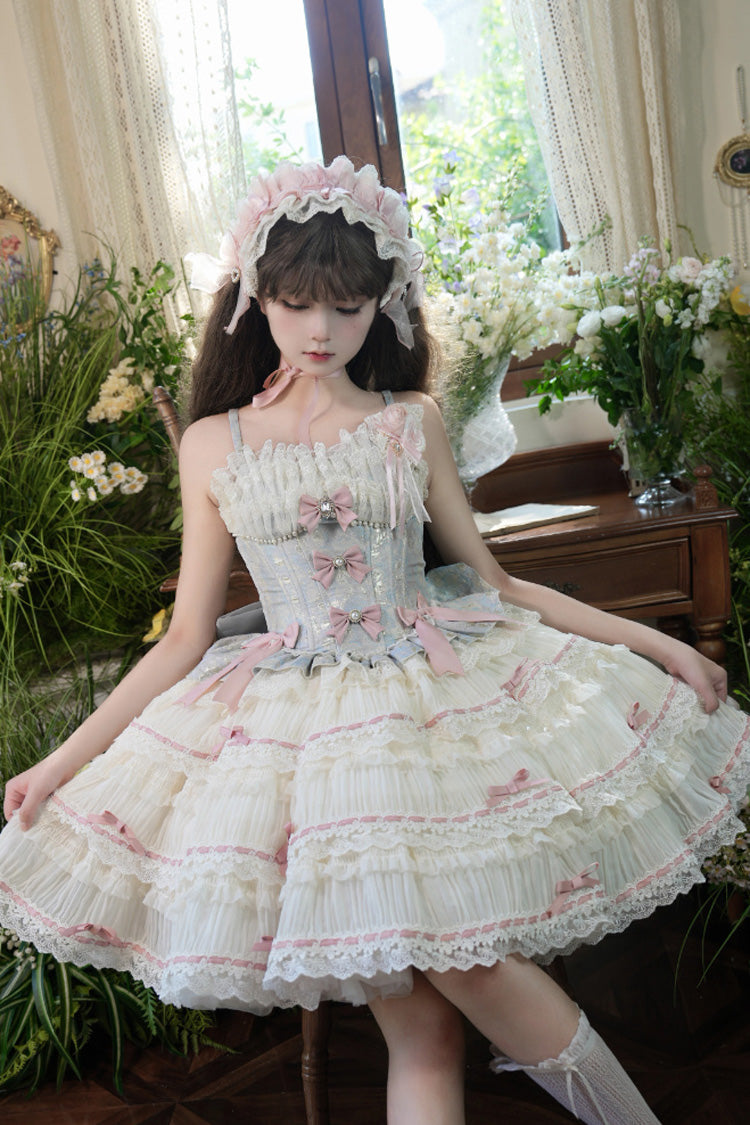 Blue/Apricot [Sea Salt Souffle] Sleeveless Multi-Layered Bowknot Lace Sweet Ballet Lolita Jsk Dress