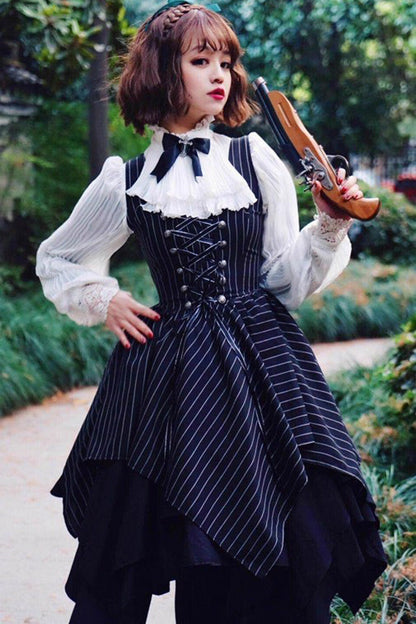 Black Sleeveless Striped Print Lace-Up Irregular Hem Gothic Lolita Dress