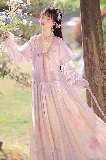 Multi-Color Round Collar Long Trumpet Sleeves High Waisted Print Sweet Hanfu Full Set