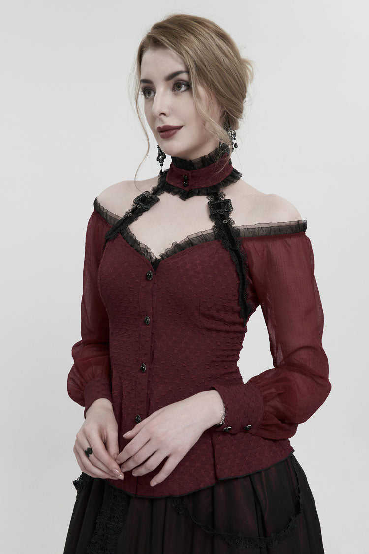 Red Lace Trim Panel Adjustable Back Long Sleeve Women's Gothic Shirt