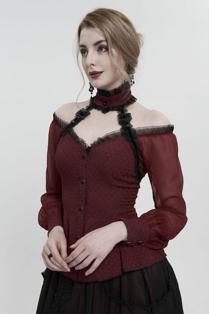 Red Lace Trim Panel Adjustable Back Long Sleeve Women's Gothic Shirt