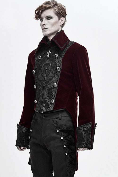 Red Court Pattern Lapel Collar Velvet Mens Gothic Coat