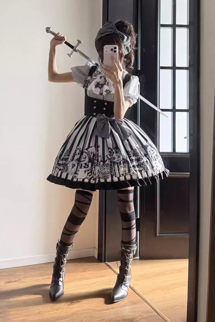 Black/White [A Weird Christmas] Sleeveless Printed Ruffled Gothic Lolita JSK Dress