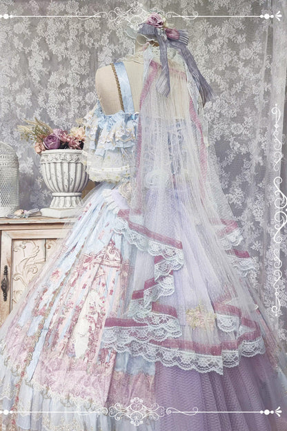 Blue [Moonlight Melody] Off Shoulder Sleeveless Multi-Layered Hanayome Open-Front Bow Lace Sweet Gorgeous Lolita Jsk Dress Set